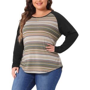 Plus Size Raglan Tee Print Long Sleeve Tunic T-Shirt Loose Blouses Green